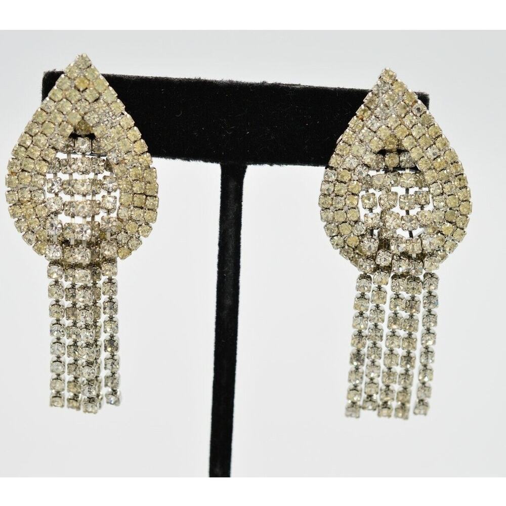 Vintage Crystal Fringe Earrings Chandelier Rhinestone Dangle Glam Post 1980s BnS